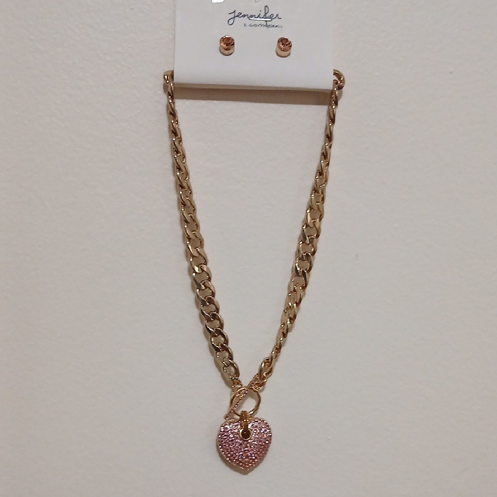 Stylish Gold Necklace with Pink Heart Pendant Necklace